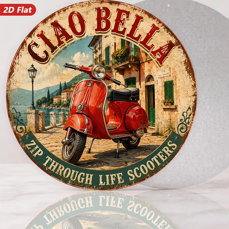 2D Flat, 1pc Vintage Italian Scooter Round Metal Sign Wall Art, Ciao Bella Wording, Home Decor, Red Classic Scooter, Lakeside Vi