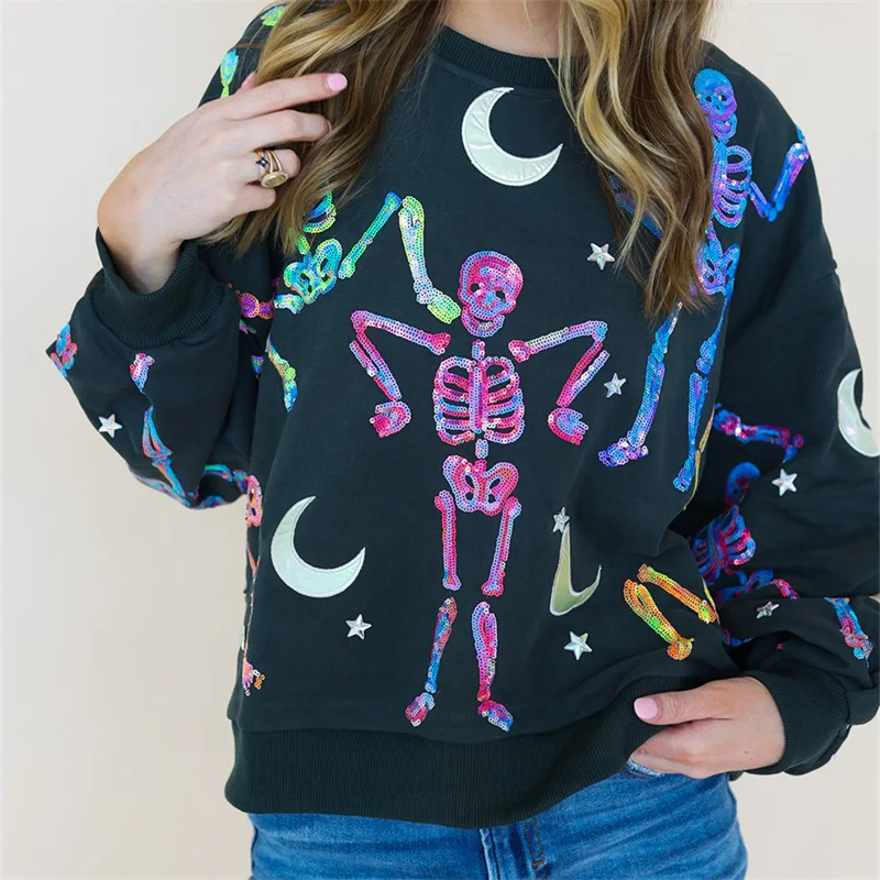 Womens Halloween Sequin Dancing Skeleton Graphic Sweatshirts Shirts Long Sleeve Sparkly Skull Ghost Pullover Oversized Sweaters