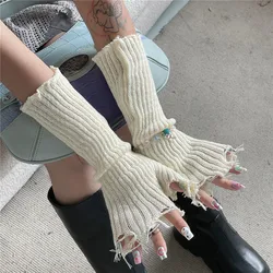 Women Y2k Hole Shreddded  Arm Sleeves Distressed Fingerless Gloves