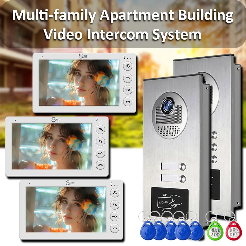 2-3 Unit Multi Apartments Intercom System Video Doorbell with RFID Card Unlock 7inch 4-Corded Video Door Phone Interfone