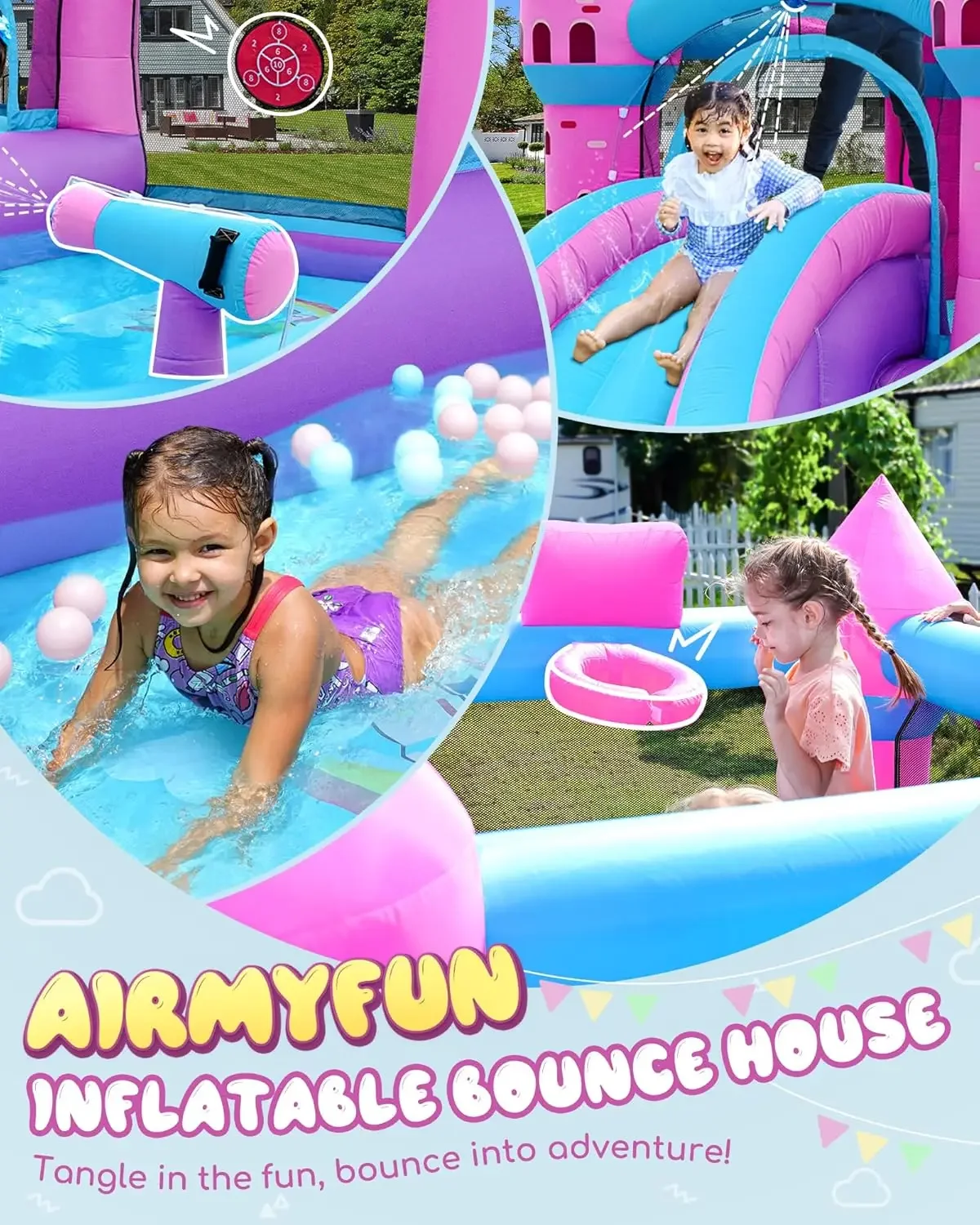 Pink Inflatable Waterslide, Water Bounce House for Big Kids 3-12 in The Backyard- Water Bouncy House for Wet and Dry, S