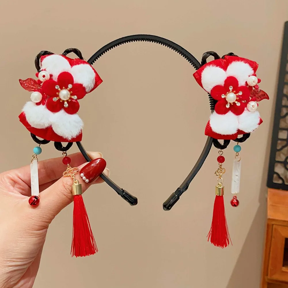 

Детский парик с милым цветком, повязка на голову, коса с кисточками, палочки для волос ханьфу, древний стиль, китайский новогодний головной убор для детей