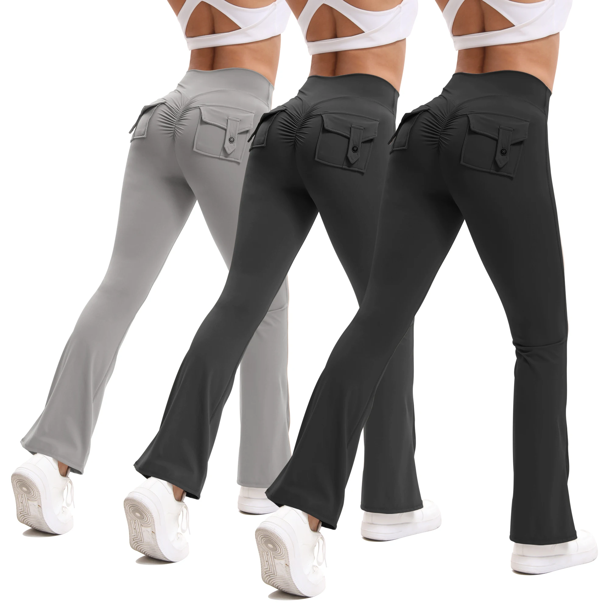 Women High Waist Ruched Butt Lift Flare Yoga Pants, Button Back Cargo Pocket Bootcut Leggings, Stretch Workout Casual Bell Botto