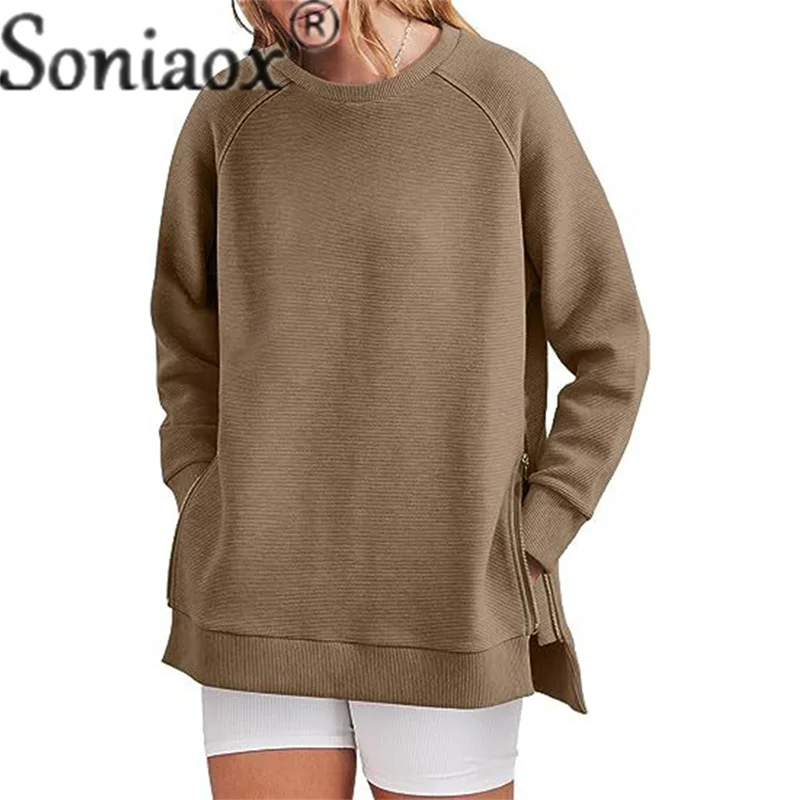 Side Zipped Splicing Hem Thickened Crew Neck Pullover Hoodie Female Autumn Casual Loose Long Sleeve Sweatshirt Women\'s Outerwear