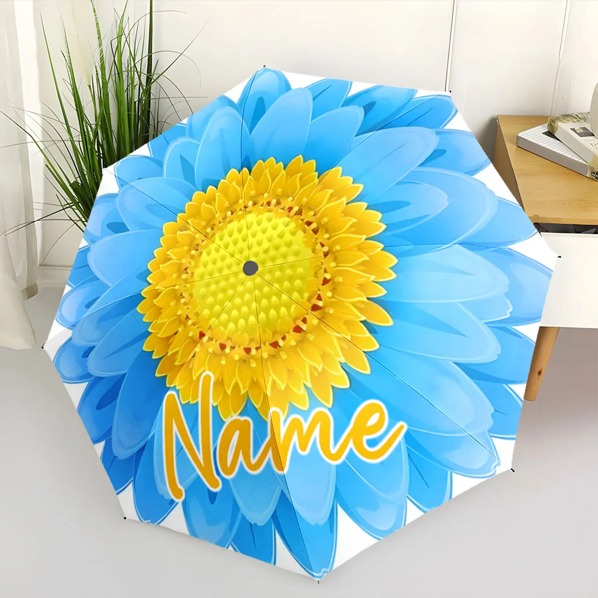 Custom Name Colorful Floral Umbrella with Bright Blue and Yellow Print 8 Iron Ribs Folding Umbrella Auto-Open Fashion Sunshade