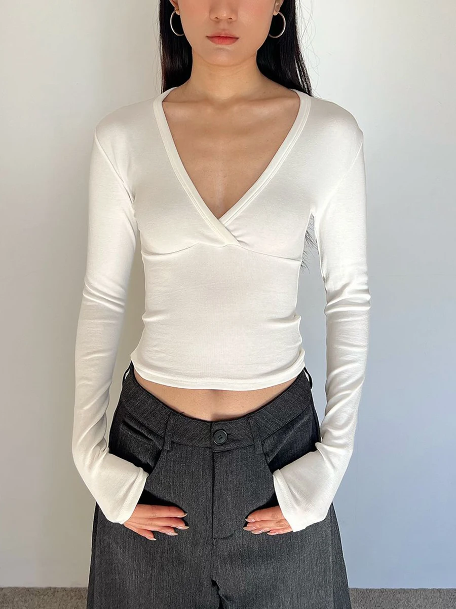 Cross V-neck Long Sleeve T-shirts Woman Autumn Cotton Slim Crop Top Female Casual Simple Solid All-match Basic Tshirts Y2k Tops