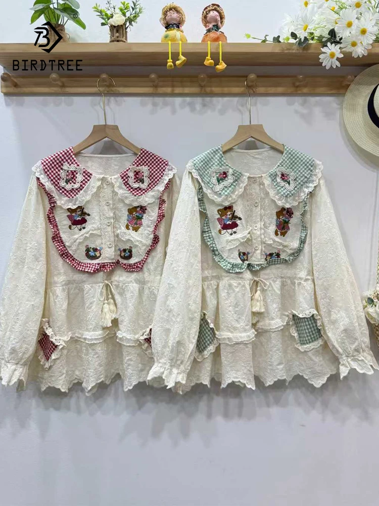 

Новая осенняя хлопковая рубашка с длинным рукавом 2025, женская рубашка с воротником Питера Пэна и кружевной вышивкой, французская свободная кукольная блузка Mori Girl T5O519CC