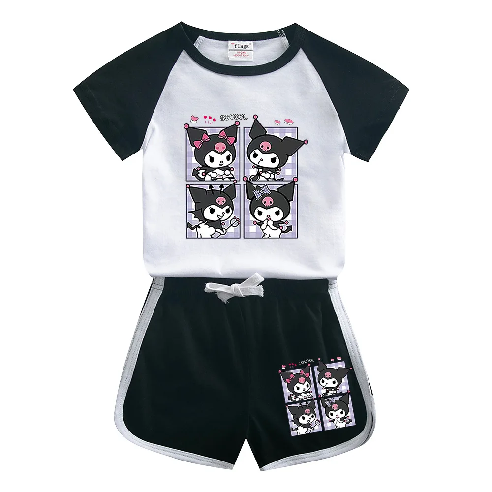 Traje Kawaii Sanrios Kuromi para niños y niñas, camiseta de dibujos animados de algodón, pantalones cortos de manga corta, conjunto de dos piezas, Tops de moda, regalo