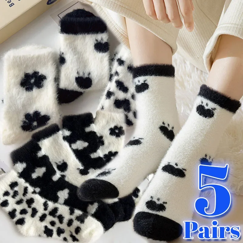 Warm Mink Plush Socks Women Ins Leopard Print Solid Winter Soft Coral Fleece Sock Thermal Super Thick Snow Home Sleep Floor Sox