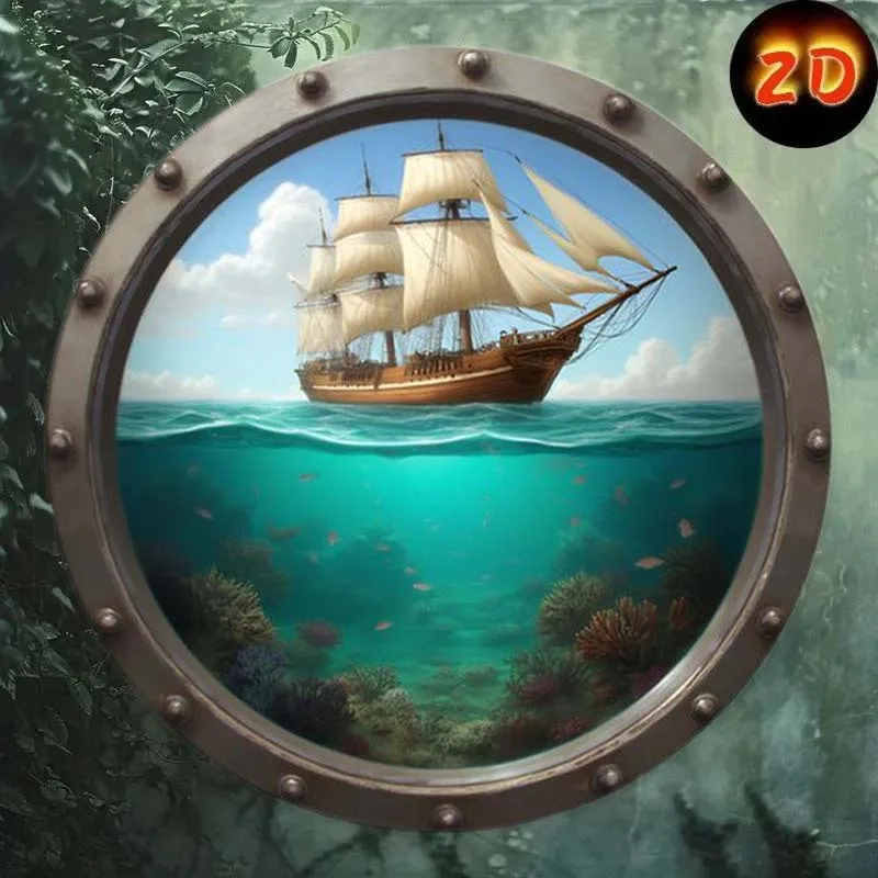 2D Vintage Metal Sign Nautical Sailboat Underwater Scene Wall Art Antique Porthole  Heavy Iron Round Wall Decor