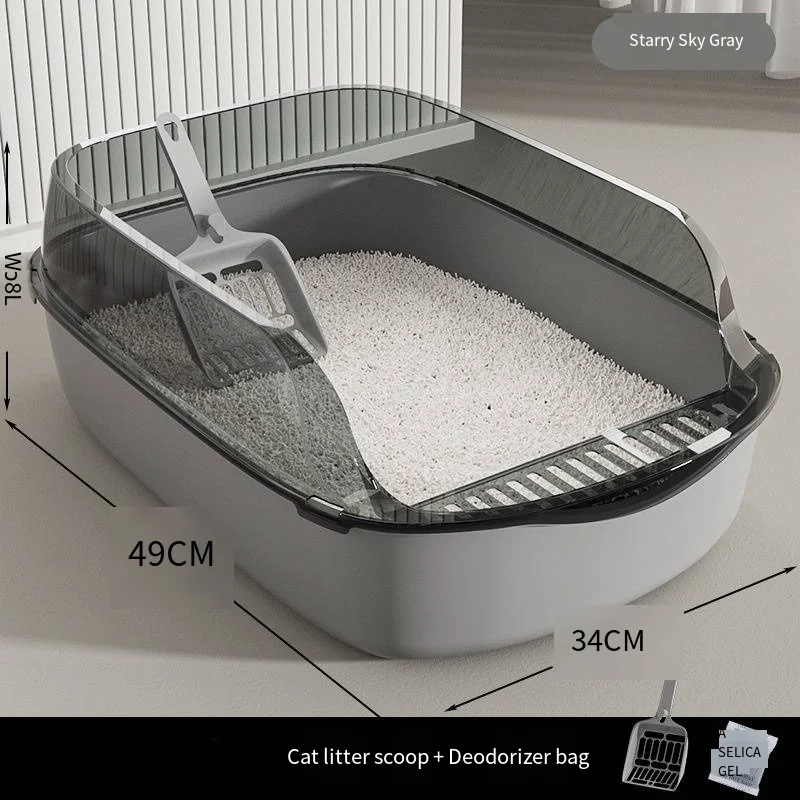 La caja semicerrada para gatos está hecha de plástico y presenta un diseño a prueba de salpicaduras Es una bandeja grande para gatos con un lavabo de agua.