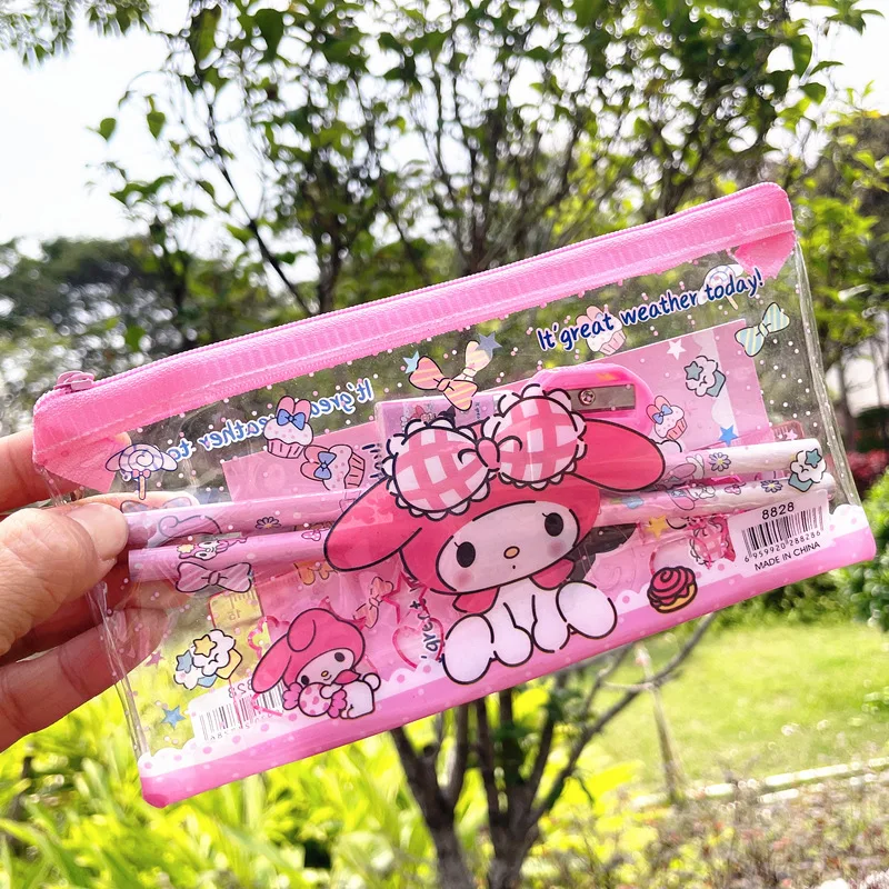 6pcs/set Anime Sanrio Melody Kuromi Stationery Set Cinnamoroll Student Cartoon Pencil Eraser Ruler Pen Bag Storage Set School