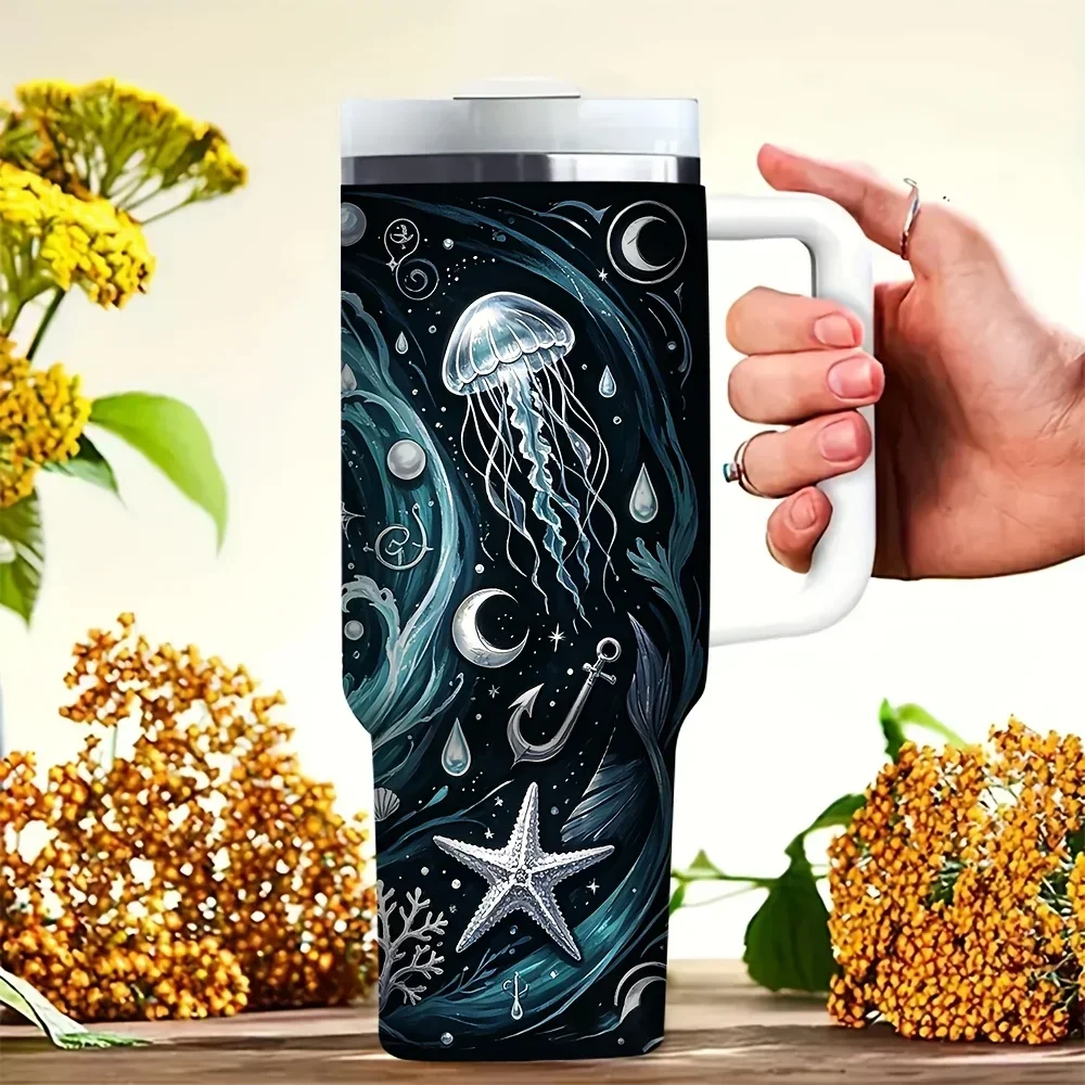 40oz Tumbler with Handle, Nautical Ocean Jellyfish Wave Shell Starfish Print, Suitable for All People for Outdoor Camping Travel Daily Use, Perfect for Any Season Fits Both Hot And Cold Drinks