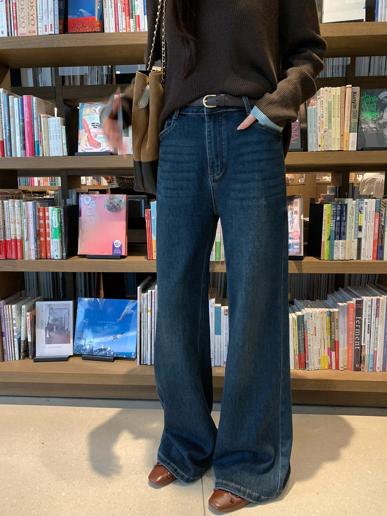 

Расклешенные джинсы с высокой талией, женские осенне-зимние винтажные утягивающие прямые джинсовые брюки, большие размеры, Faionable Agel