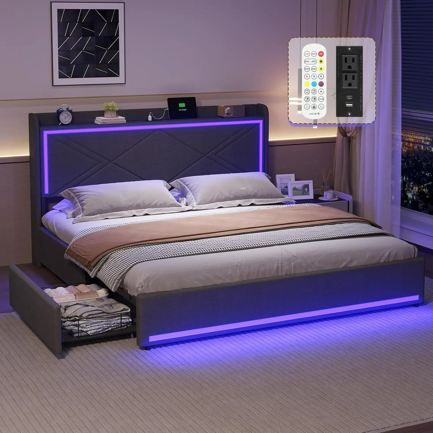 

Кровать-платформа Queen с обивкой, RGB LED подсветкой на изголовье, USB-C/A зарядкой, выдвижными ящиками для хранения, без пружинного блока, темно-серая, на заказ