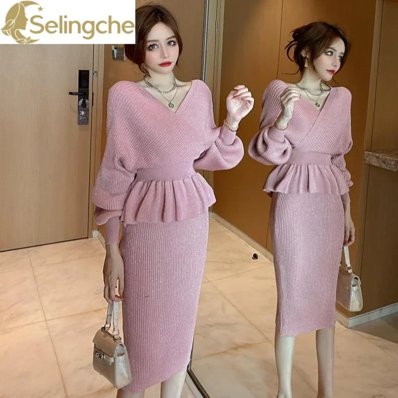 

Autumn and Winter New V-neck Pleated Bubble Sleeve Knitted Sweater Knitted Half Skirt Two-piece Set Elegant Women's Skirt Set