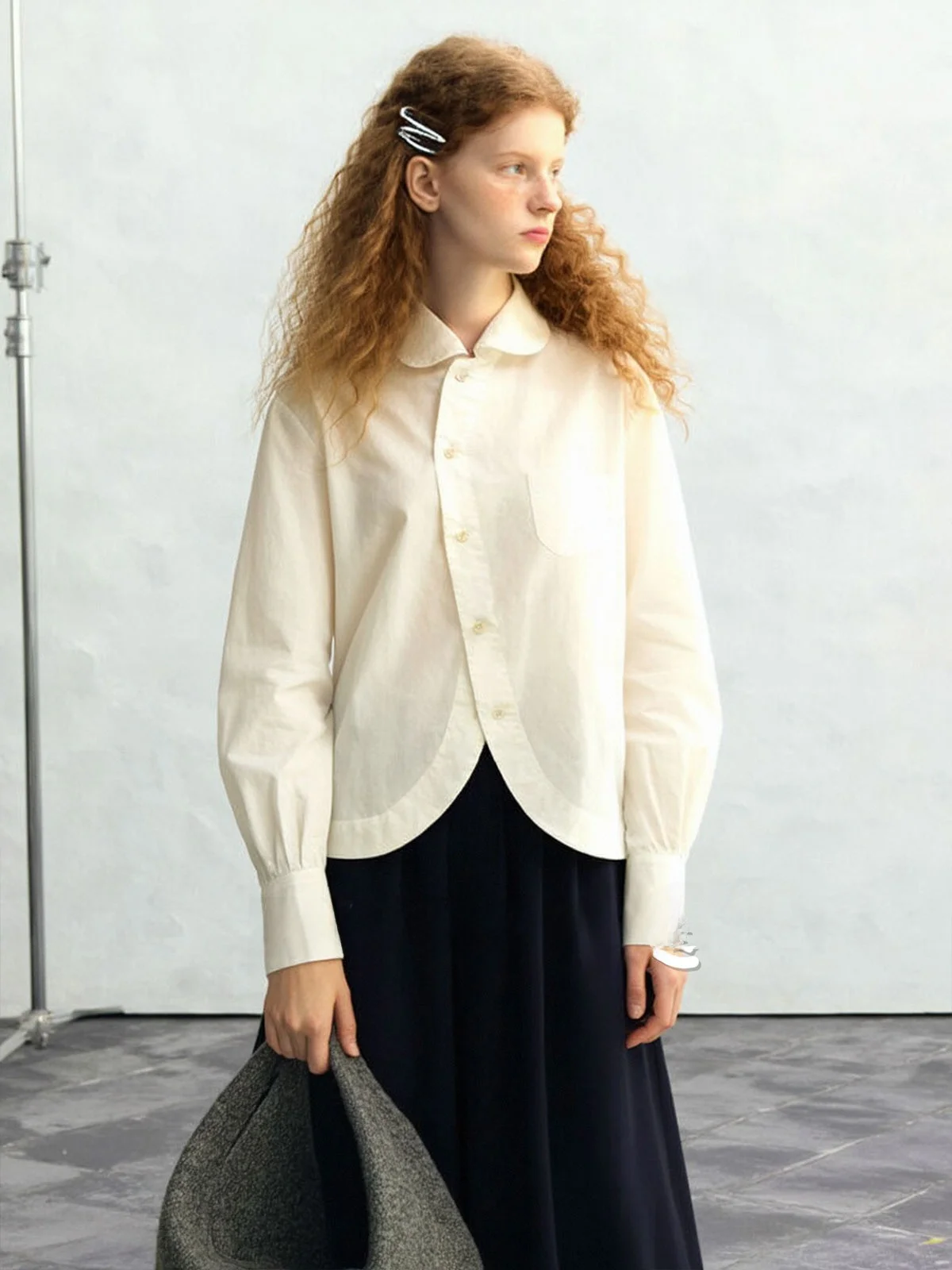 

Asymmetric Design Long Sleeve Casual Shirt Women's Spring New Style Arc Hemline French Style Loose Fit Shirt Girl's Leisure