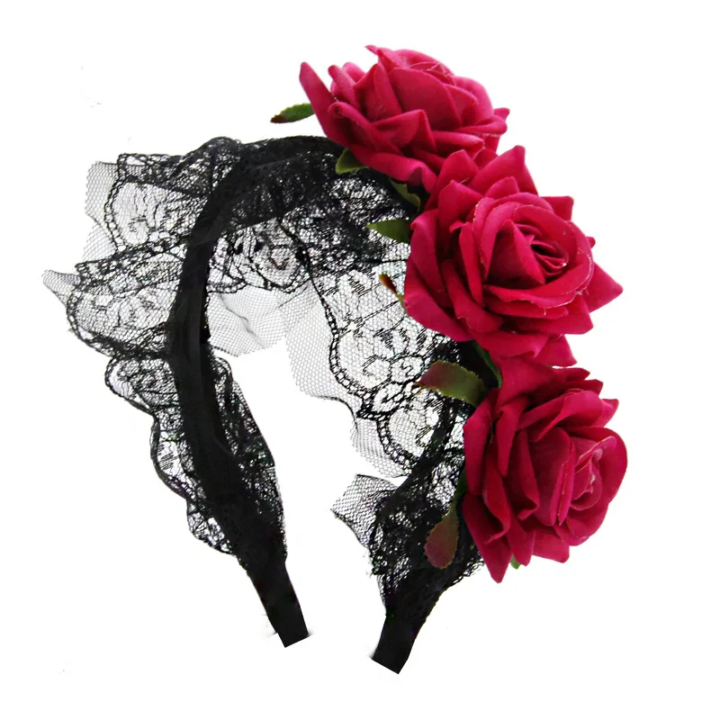 Rose Flower Lace Tiara Crowns Headband  Festival Women Hair Accessories Gothic Cosplay Lolita Style Costume    Halloween