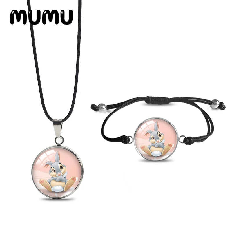 2024 New Bambi with Thumper Necklace Bracelet Set Black Rope Glass Cabochon Jewelry Sets Handmade Items