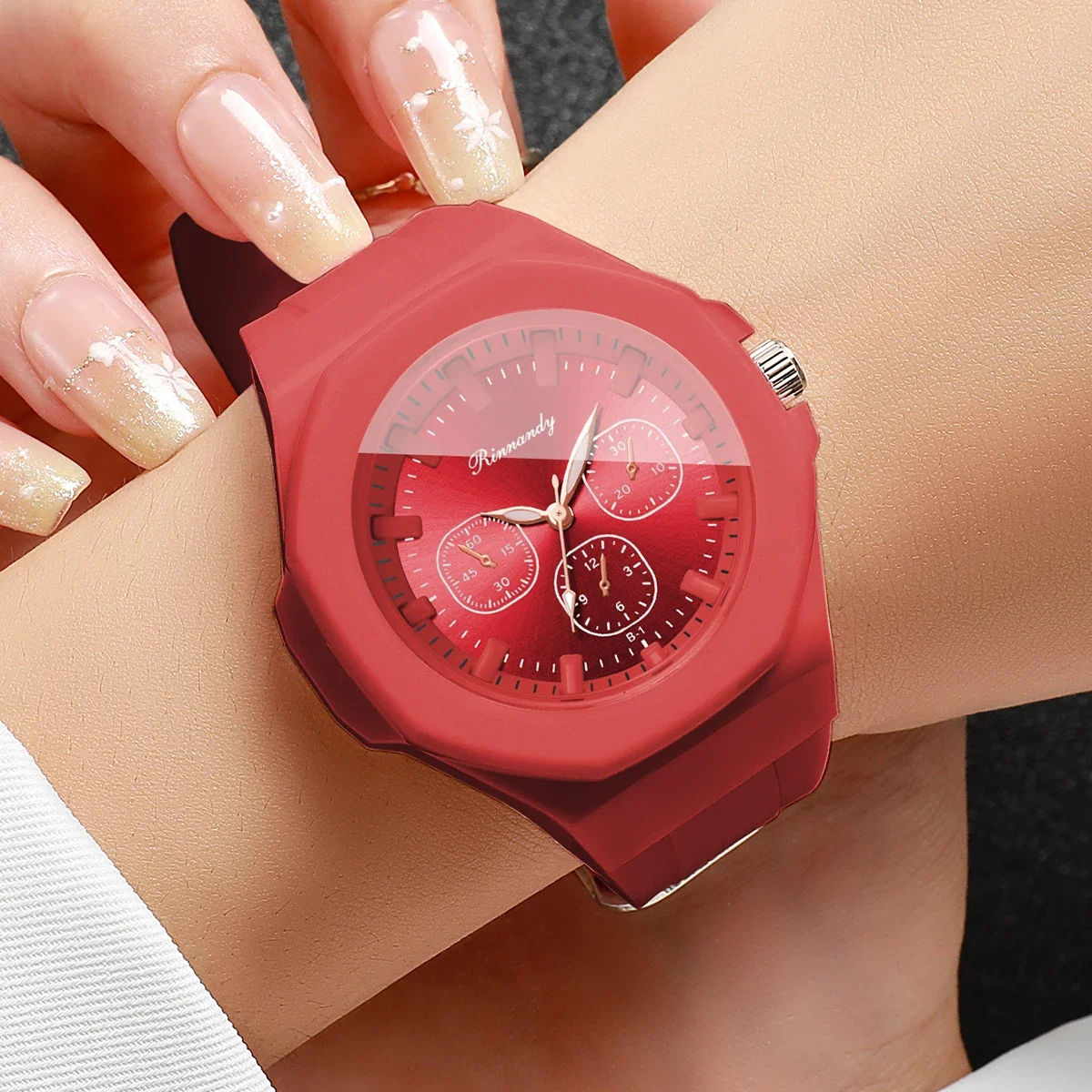 Elegant Women's Octagon Red Silicone Watch Candy Color Trendy Sports Student Quartz Wristwatch Relogio Feminino（Without Box）