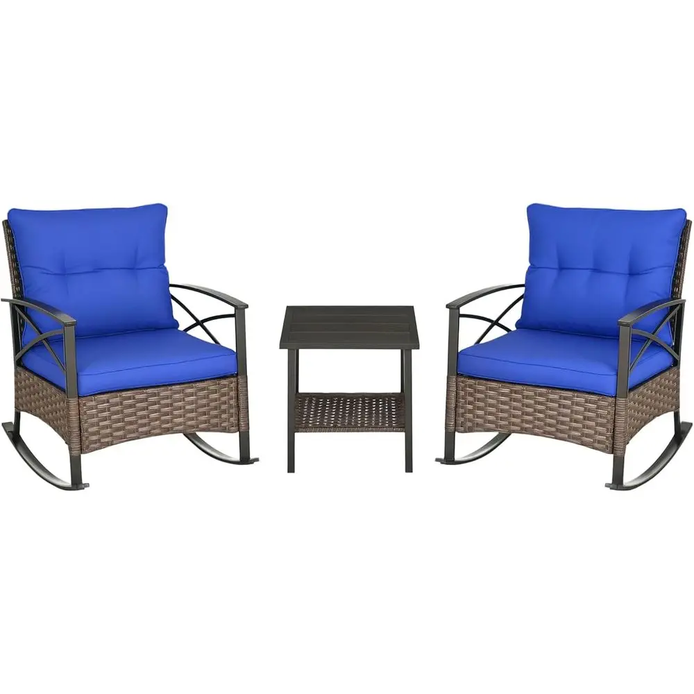 

Blue Outdoor Wicker 3-Piece Bistro Set with Cushioned Rocking Chairs and 2-Tier Coffee Table