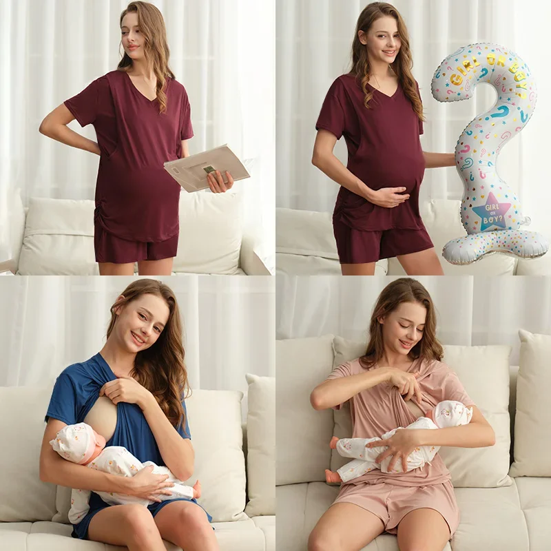 3 Piece Women's Maternity Nursing Pajamas Sets Short Sleeve Breastfeeding Shirts Pregnancy Shorts & Pants Nursing PJS