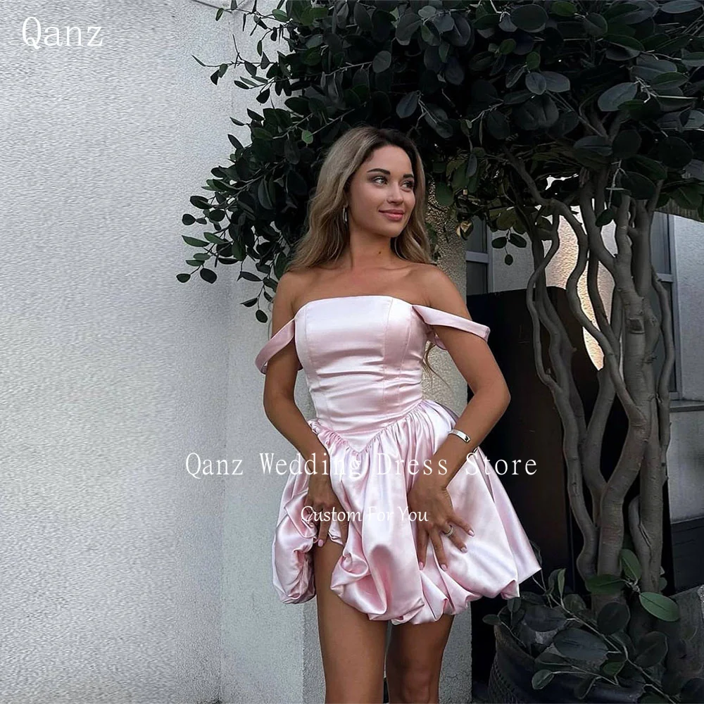 

Qanz Pink Off The Shoulder Prom Dress Mini A Line Puff Vestido De Graduación Satin Backless Birthday Party Gown Customized