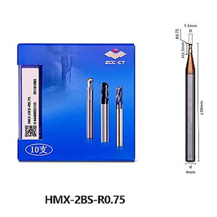 HMX-2BS-R0.75 ZCC.CT HMX-2BS Zweischneidiger Kugelfräser mit geradem Schaft und Mikrodurchmesser D1.50R0.75*4*2.3*50 2F Kugelkopffräser