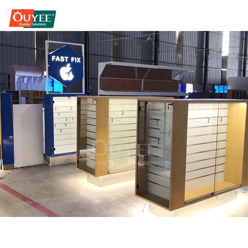 custom.Commercial Furniture Supplier Wall Shelving Glass Showcase Mobile Store System Eco Material Phone Shop view 2