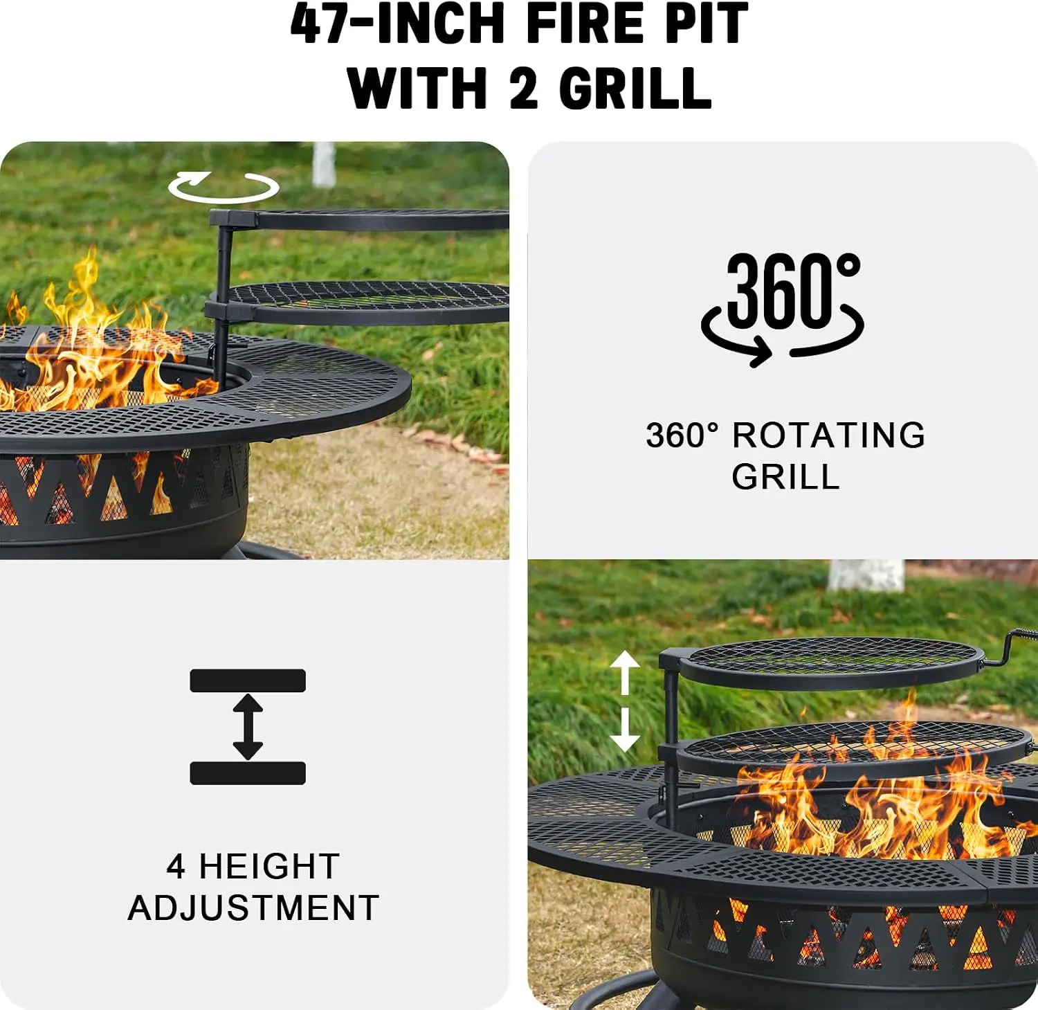 47 Inch Round Metal Fire Pit Table With 2 Grills Wood Burning Firepit With Lid Fire Poker Heavy Duty Outdoor Cooking Station For Backyard Patio Camping Picnic Party Black 1 Pack