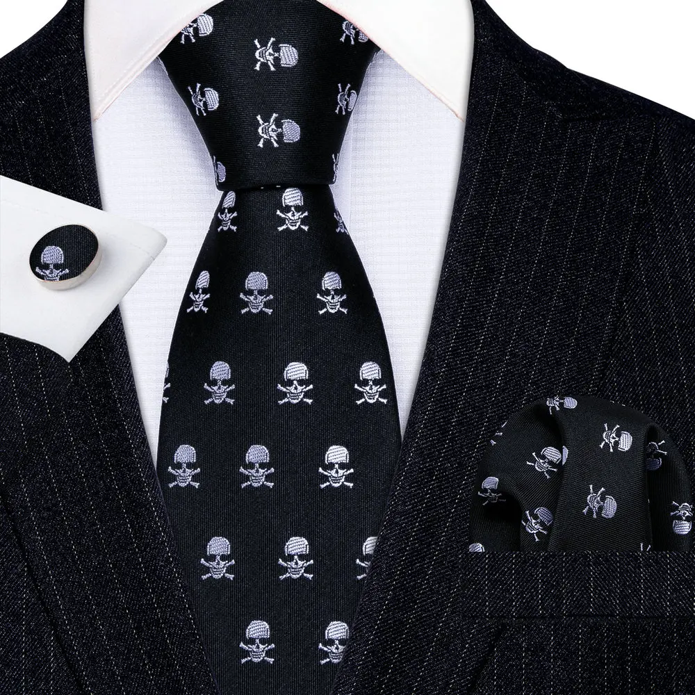 Black Skull Pattern Men Tie High Quality Silk Woven Pocket Square Cufflinks Sets Business Party Gifts Barry.Wang Designer 5326