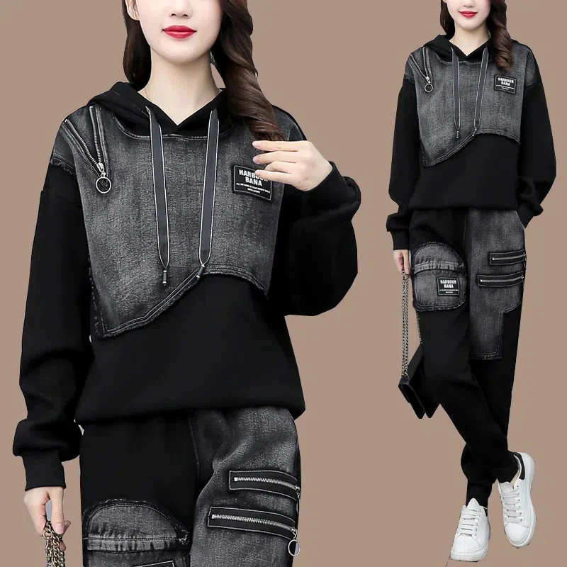 Sportswear Set Female 2025 Spring Autumn New Fashion Everything Western Style Leisure Show Thin Denim Hoodie Two-piece Set Tide
