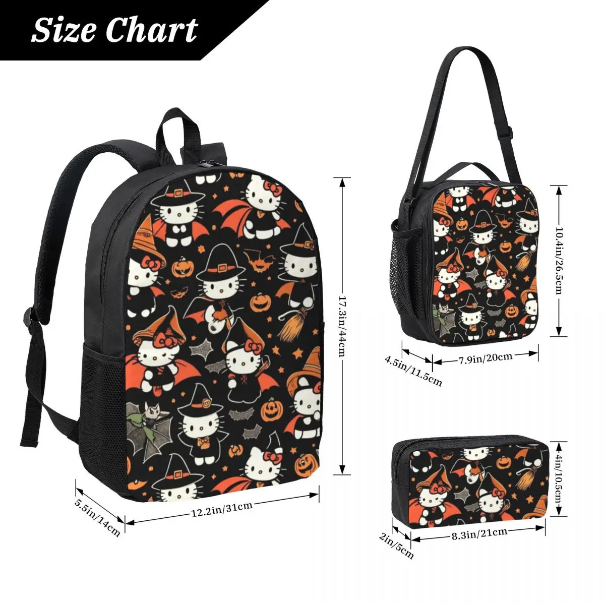 Conjunto de mochila, lancheira e estojo para lápis Hello Kitty de 17 polegadas, combinação 3 em 1 durável e elegante para escola e viagens