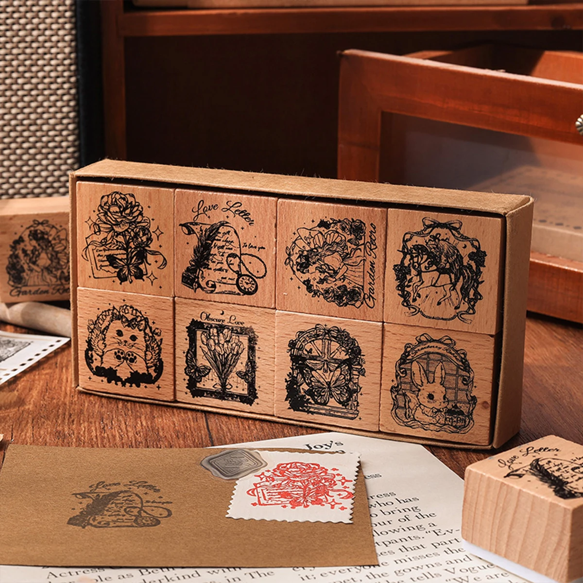 8 vintage-style stamps, student handbook decorative wooden stamps, flora and fauna combinations stylish wooden stamps
