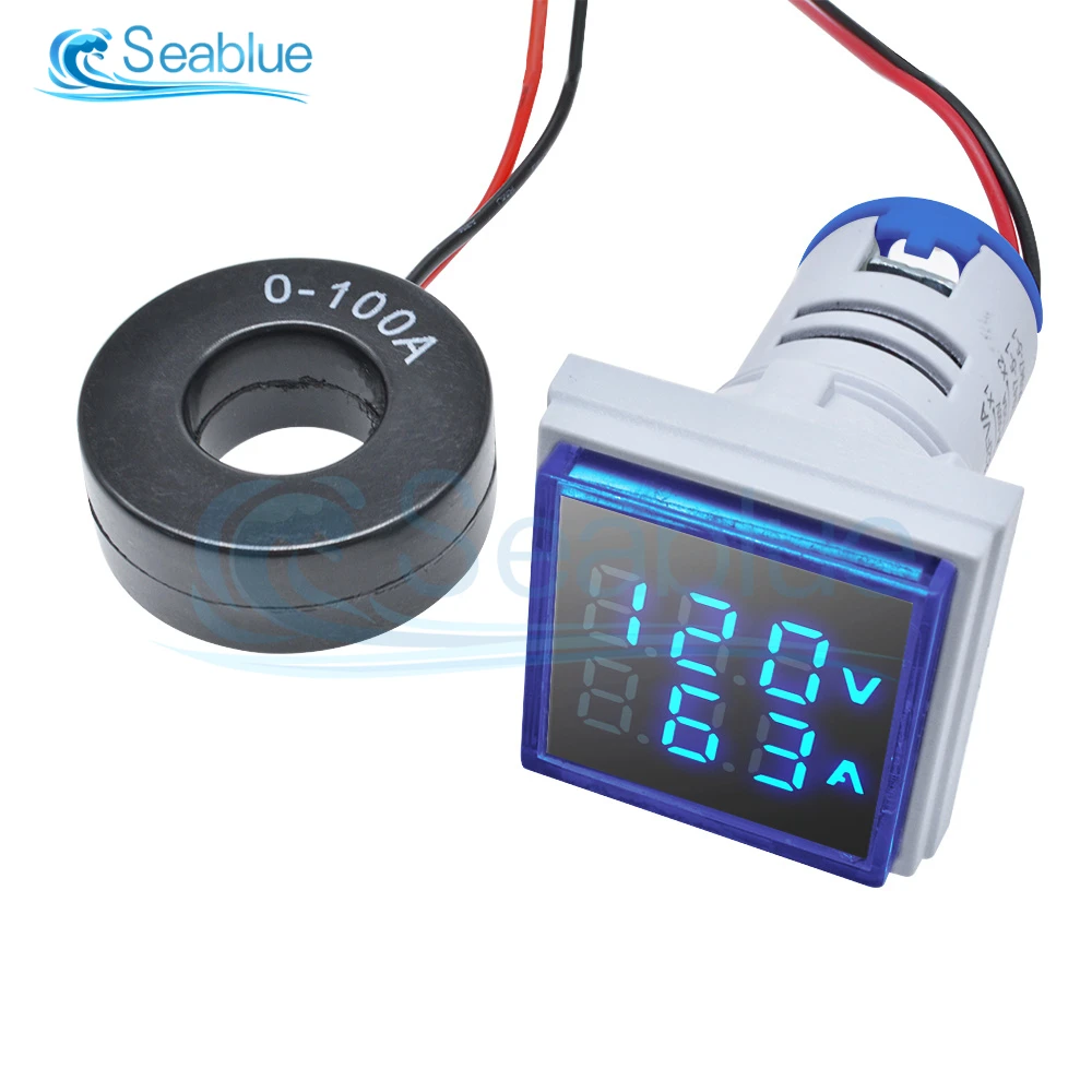 Square LED Digital Dual Display 22mm Voltmeter Ammeter AC 60-500V 0-100A Voltage Current Meter Voltammeter Car Volt Amp Tester