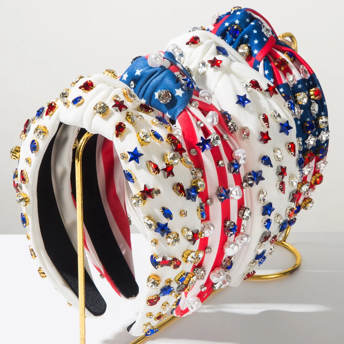 

Cross-border new American flag Independence Day headband women's hand-sewn pearl diamond five-pointed star accessories headband