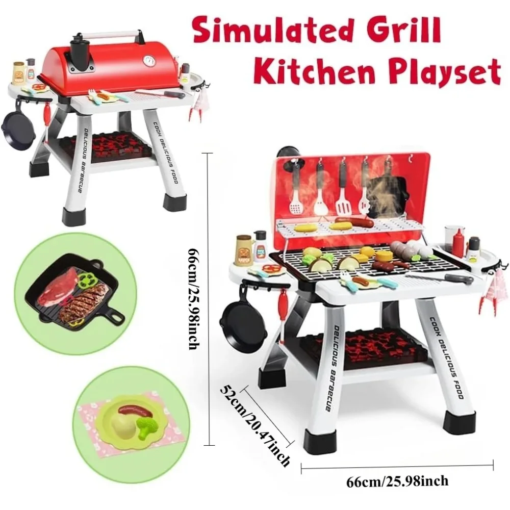 Barbecue Grill Toy Set Kids BBQ Pretend Play Kitchen Playset with Smoke Sound Light Simulation Camping Cooking Food Toys Gift