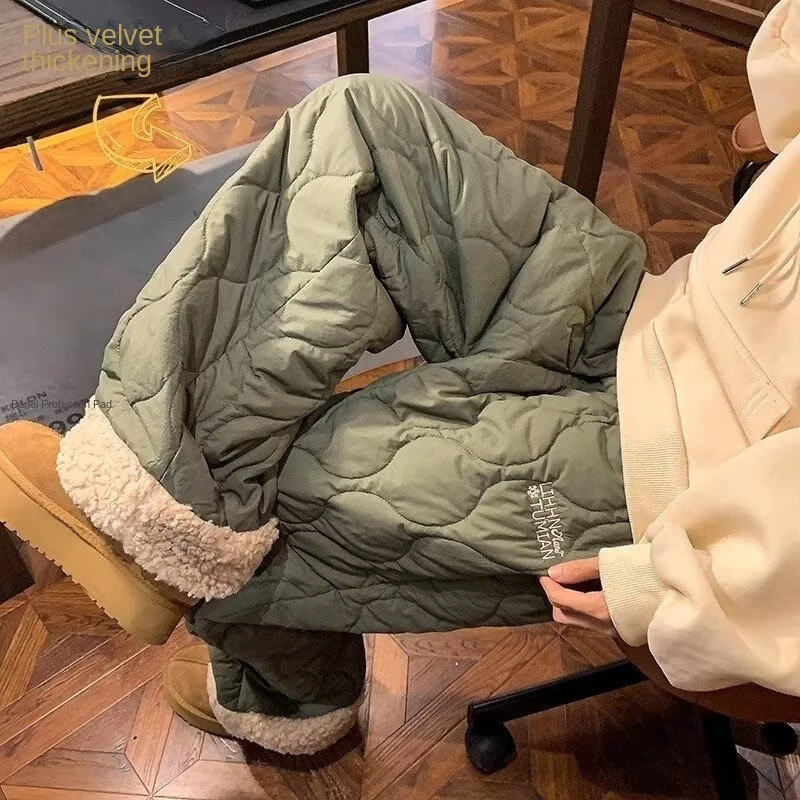 

Winter Cotton Waterproof Splicing Lamb Fleece Cotton Pants for Men and Women, Solid Color Diamond Grid Embroidered Clip Cotton W