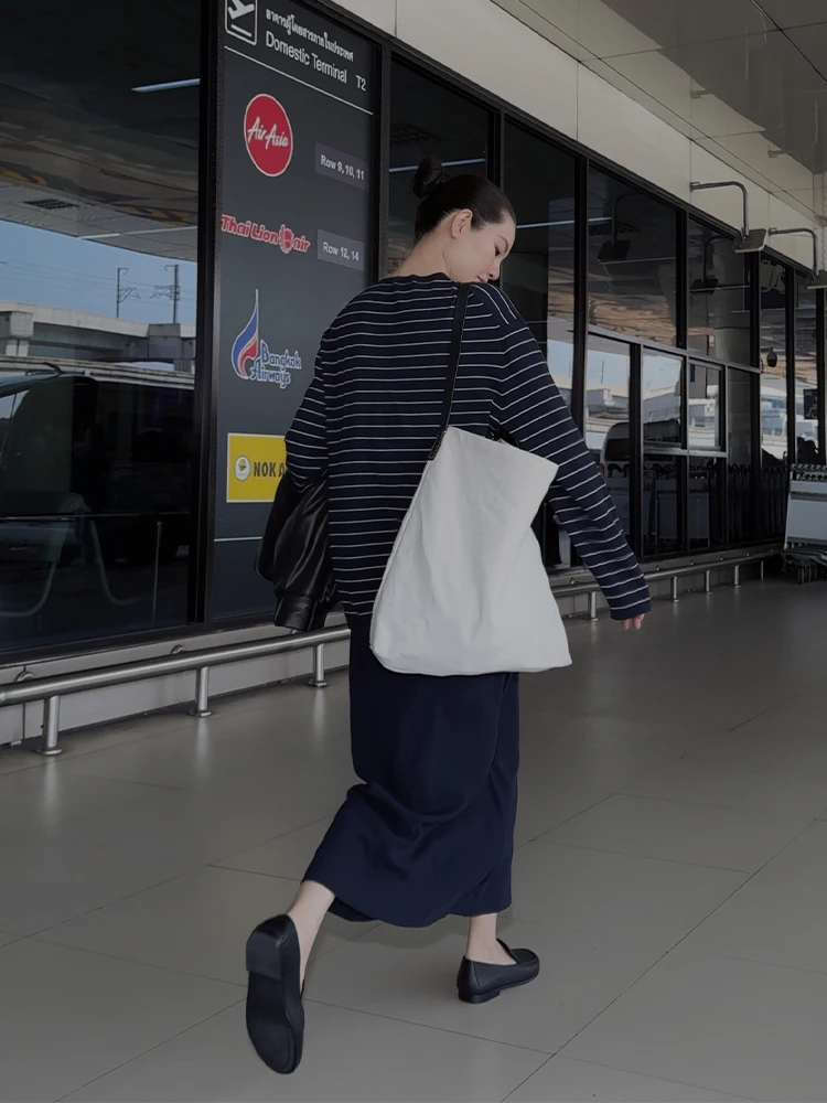 

Classic Striped High Waist Elastic Casual Set THESOONG Quali of Life Mid-Length Skirt And Long Sve T-irt Two-Piece Set