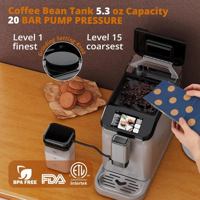 Fully Automatic Espresso Machine With Milk Frother, One Click Recipes, Touch Display, 20 Bar Pressure, 15 Grind Settings,