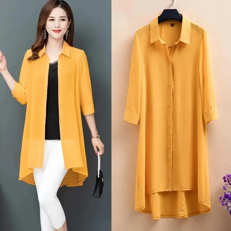 Spring/Summer Women\'s Chiffon Shirt Blouse 2024 New Solid Color Mid Length Sunscreen Clothing Loose Large Size Female Shirt Tops