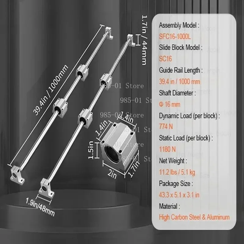 High load-bearing linear guide rails with slide blocks, SFC16/SFC20, 1000/2000mm, for CNC routers, lathes and mills
