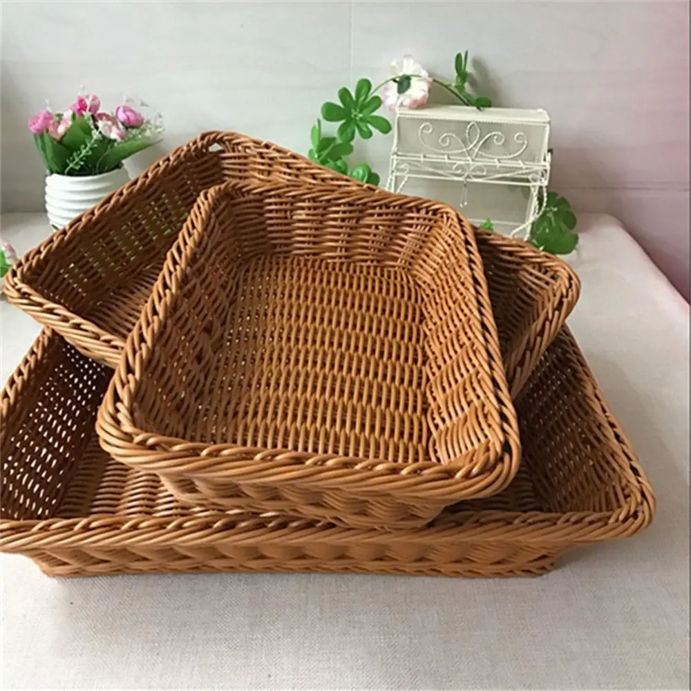 Imitation Rattan Woven Kitchen Storage Basket Round Rectangle Coffee Bread Fruit Tray Vegetables Candy Snacks Sundries Organizer