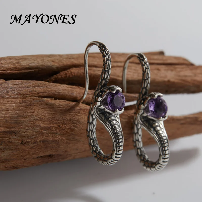 

Retro s925 sterling silver set with natural red garnet snake shaped earrings, long amethyst earrings, luxurious women's earrings