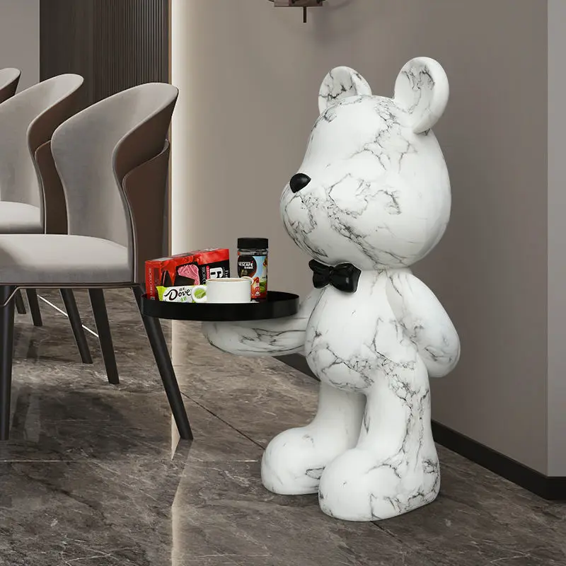 Teddy Bear Floor Statue with Tray, Resin Bow Tie Bear Sculpture Storage Organizer Modern Home Decor for Living Room Entrance