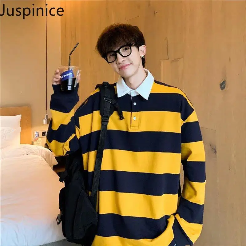 Spring Autumn Lapel Long Sleeve Striped POLO Shirts Fashion Men's Loose Casual High Street Personalized Shirt Male Clothes