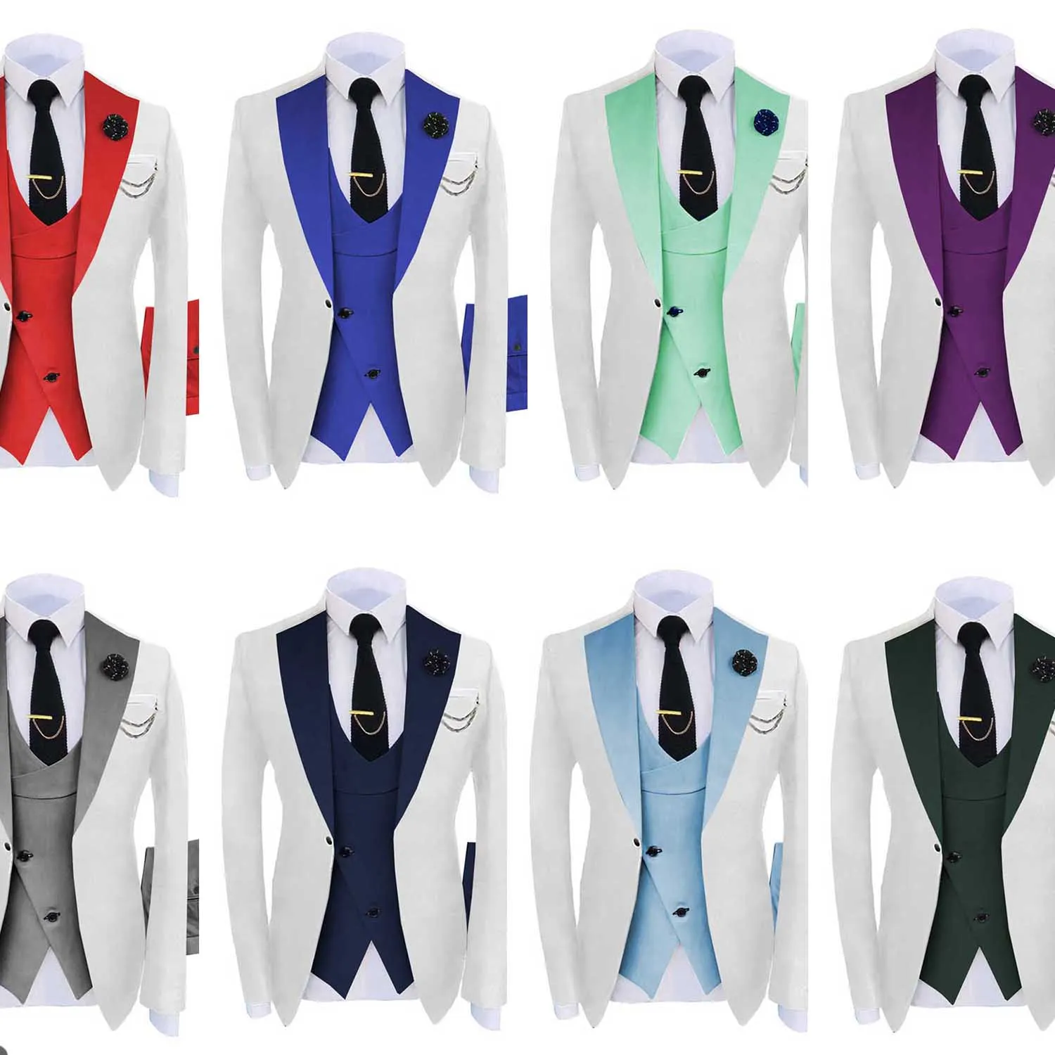 Splice Color 3 Pieces Men Suits Tuxedo  Stand Collar Formal Suit Custom Size Single Breasted 3 Pockets Blazer+Vest+Pant