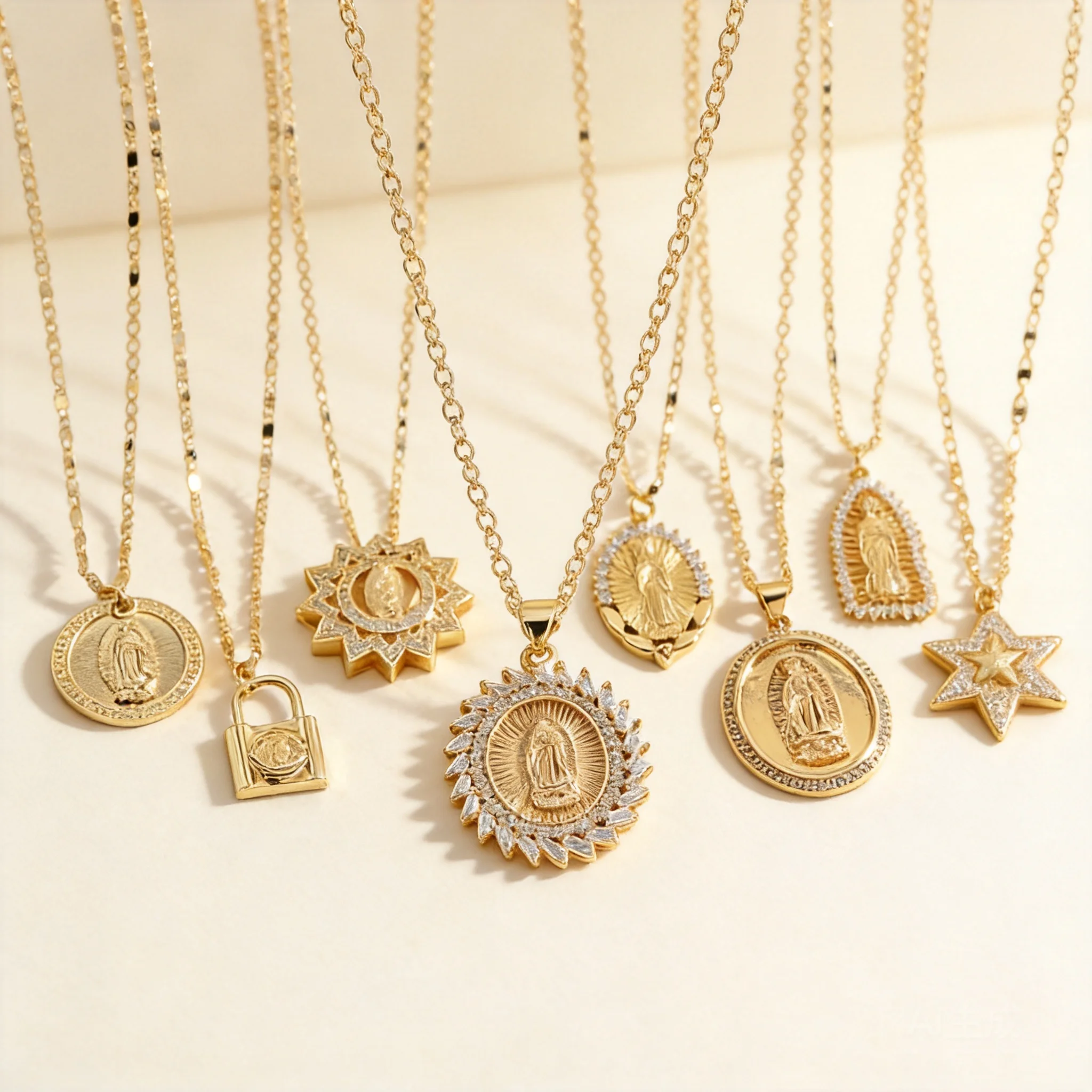 

Lucky Blessing 18k Gold Plated Virgin Mary Pendant Necklaces Micro Paved Cubic Zirconia Hollow Round Disc Religious Necklaces