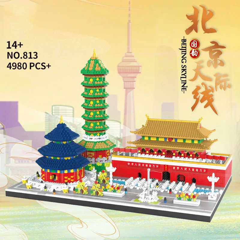 Kreatywne chińskie architektury, mikro-klocki diamentowe, panorama Pekinu, nanoklocki, plac Tiananmen, model Świątyni Nieba, zabawki z klocków.