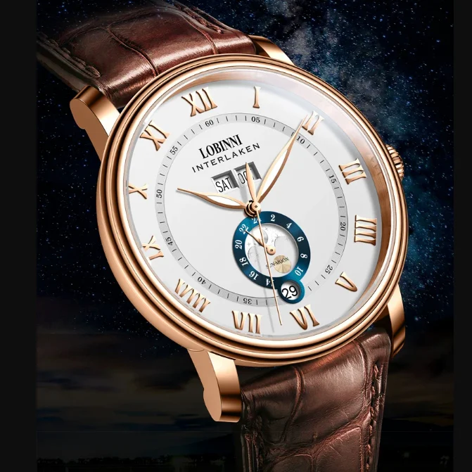 LOBINNI Мужские автоматические часы 40 мм Механические наручные часы 50 м Водонепроницаемые сапфировые часы с несколькими циферблатами Месяц Неделя Дата